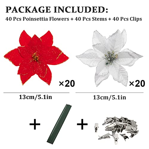 Whaline 40Pcs Poinsettia Artificial Christmas Flowers with 40Pcs Clips and 40Pcs Stems Red Silver Xmas Flowers Glitter Christmas Tree Ornaments Xmas Wedding Party Decoration New Year Ornaments - Image 3