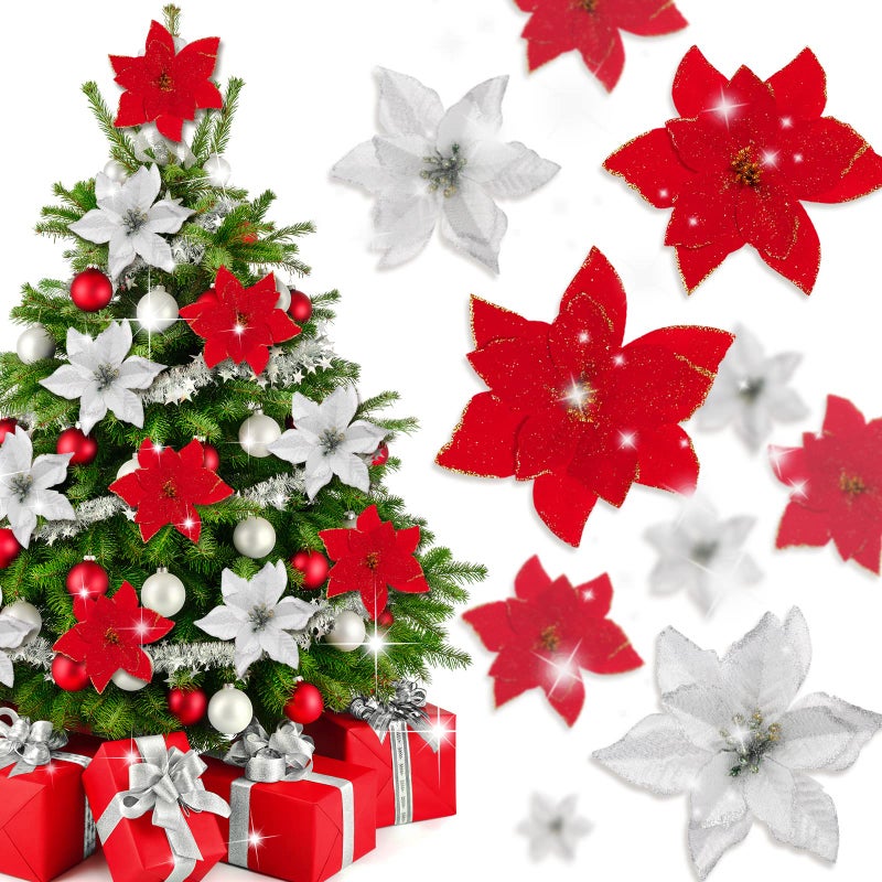Whaline 40Pcs Poinsettia Artificial Christmas Flowers with 40Pcs Clips and 40Pcs Stems Red Silver Xmas Flowers Glitter Christmas Tree Ornaments Xmas Wedding Party Decoration New Year Ornaments - Image 2