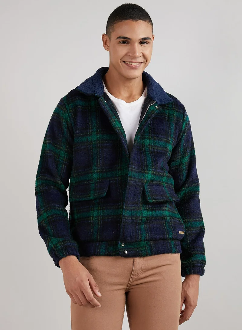 Campus Sutra Men's Navy Blue & Green Tartan Plaid Jacket With Fleece Collar