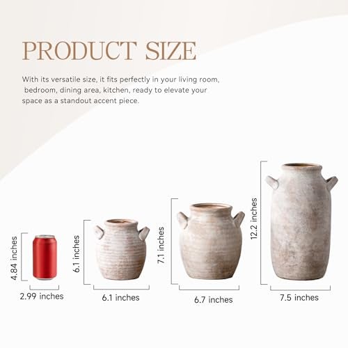 Vanselia Large Flower Vase Home Decor - Tall Ceramic Farmhouse Rustic Table Vases with Handle Living Room Decoration Decorative Modern Pottery for Floor Kitchen Shelf Coffee Dining Desk Fireplace (12" Retro) - Image 3