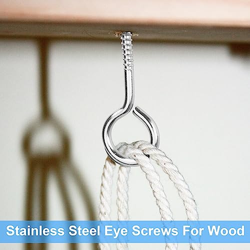 Aovchei Eye Screws, 9 Pcs 2.5 inches 304 Heavy Duty Stainless Steel Screw Hooks, Rust-Resistant Self Tapping Eyelet Bolts for Wood, Securing Cables Wires, Indoor & Outdoor for Hanging Artwork - Image 2