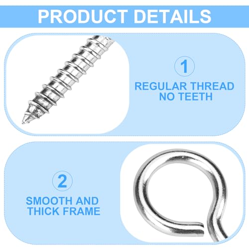 Aovchei Eye Screws, 9 Pcs 2.5 inches 304 Heavy Duty Stainless Steel Screw Hooks, Rust-Resistant Self Tapping Eyelet Bolts for Wood, Securing Cables Wires, Indoor & Outdoor for Hanging Artwork - Image 5