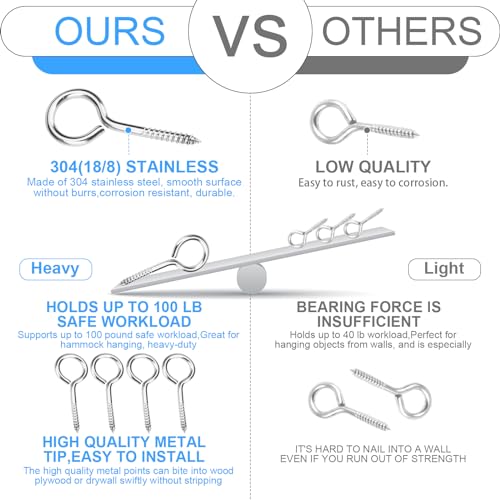 Aovchei Eye Screws, 9 Pcs 2.5 inches 304 Heavy Duty Stainless Steel Screw Hooks, Rust-Resistant Self Tapping Eyelet Bolts for Wood, Securing Cables Wires, Indoor & Outdoor for Hanging Artwork - Image 4