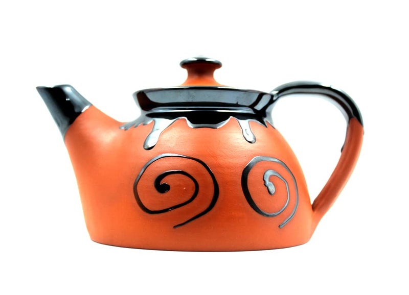 DEVICE OF ESVAR STONECRAFT ...EVERY STROY IS UNIQUE EVERY HOME IS DIFFERENT..... ES ESVAR STONECRAFT Handmade Ceramic Cotted Terracotta Coffee Or Tea Cattel with Dynamic Colour Printed Outside Ideal for Home Use Or Gifting Purpose600mlSize HWD29 15 10 cm  - Image 1
