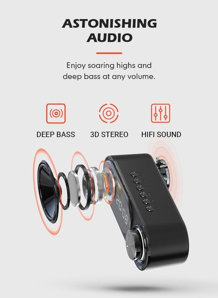 Portable Bluetooth Speaker | 360° HD Stereo Sound with Super Bass | Digital Alarm Clock  LED Night Light | AUX  USB Rechargeable | Ideal for Outdoor Travel - Image 2