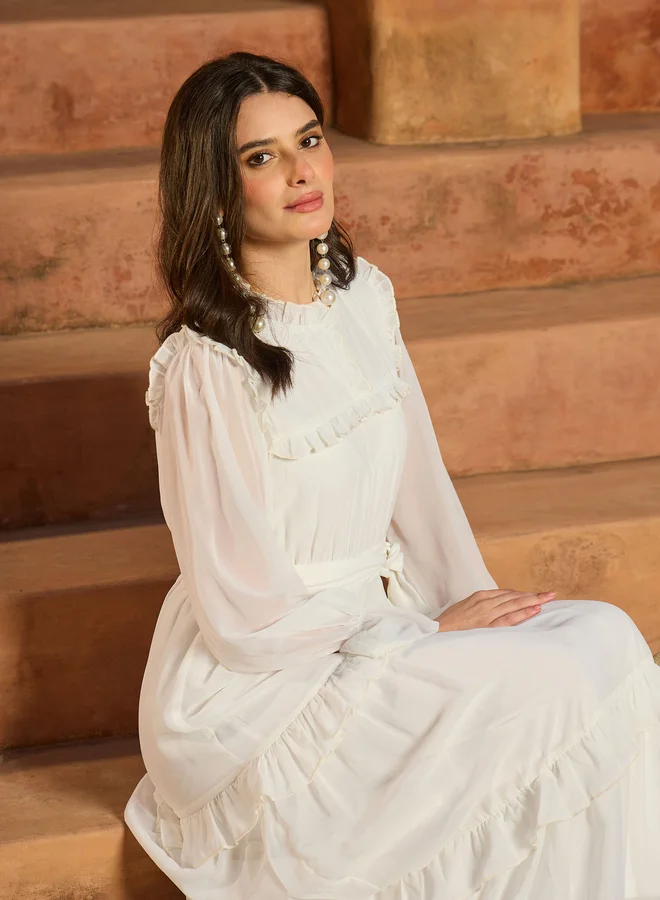 ساسافراس White Ruffled Detail Waist-Tie Tiered Maxi Dress