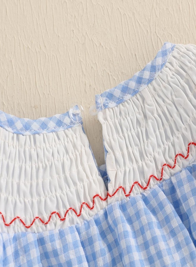 بدلة أطفال ليكوبيي قصيرة الأكمام بتصميم غربي مكشكش، ملابس صيفية، بنقشة مربعات وتطريز على شكل فيونكة (أزرق، 3-6 أشهر) - Image 5