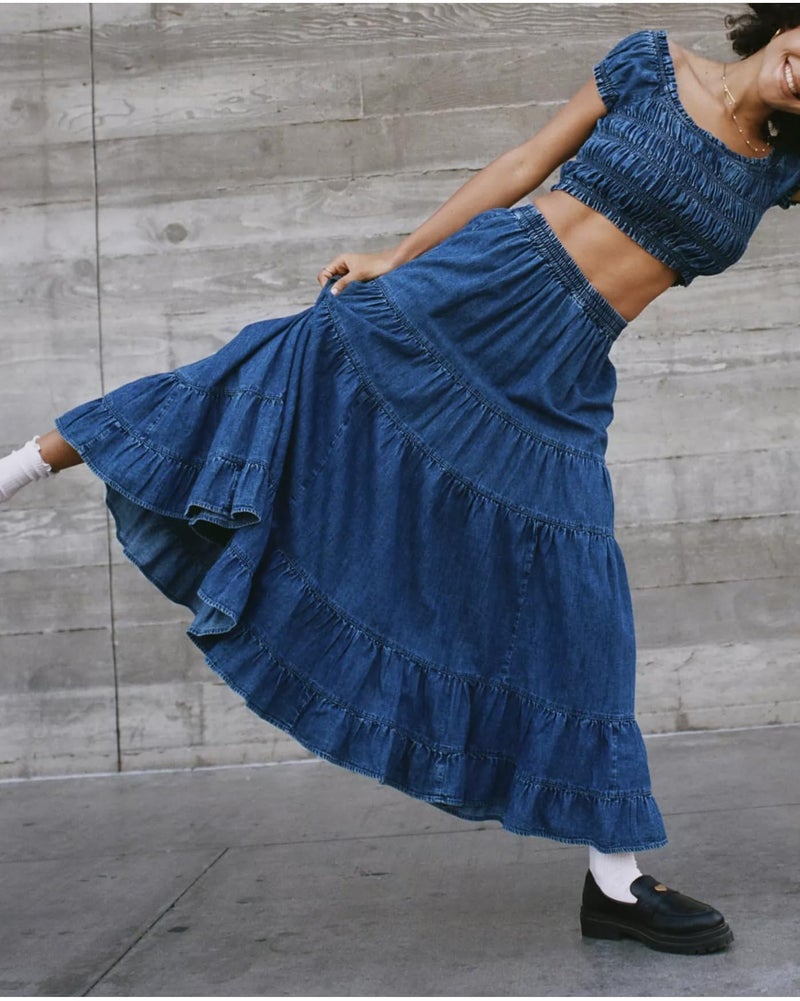 YEXPINE Women's Swing Chambray Maxi Skirt Elastic Waist Pleated Tiered Flowy Long Skirts Retro Denim Skirt - Image 4