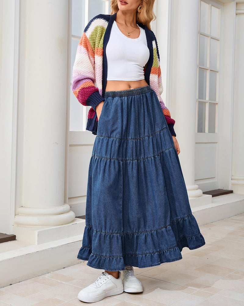 YEXPINE Women's Swing Chambray Maxi Skirt Elastic Waist Pleated Tiered Flowy Long Skirts Retro Denim Skirt - Image 3
