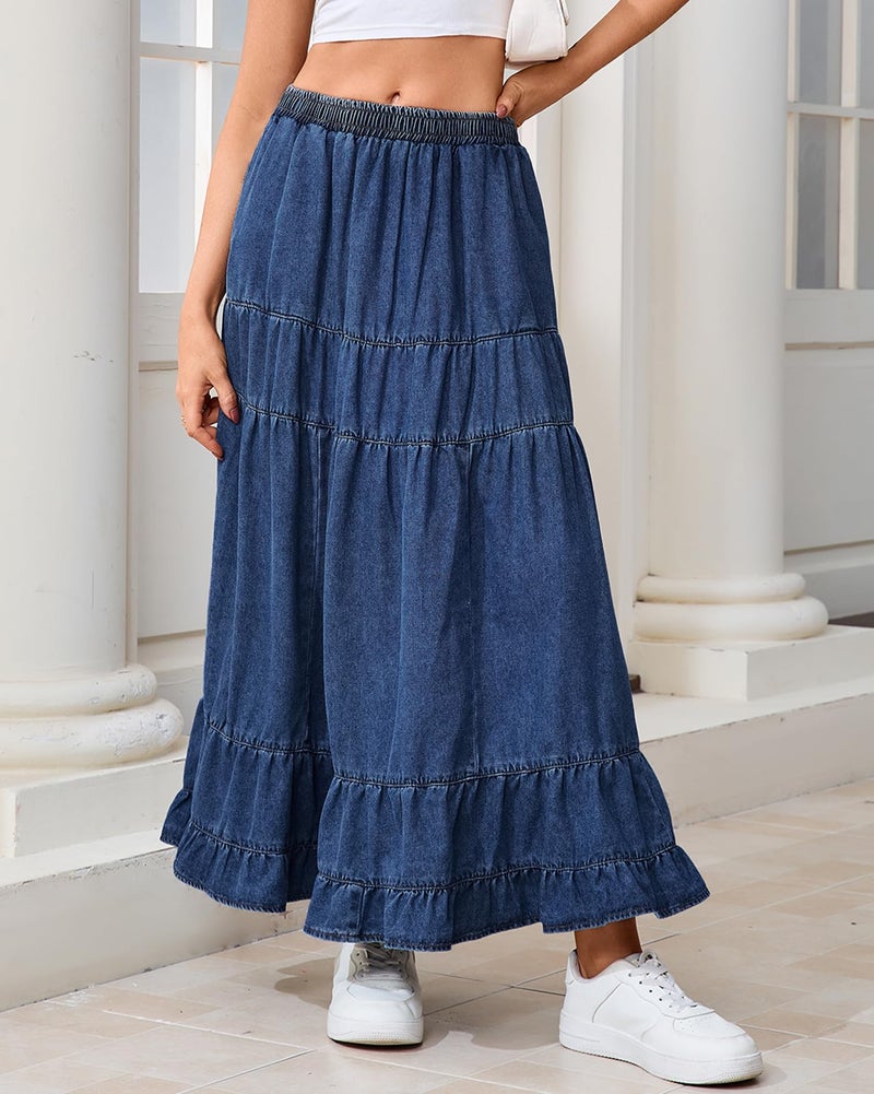 YEXPINE Women's Swing Chambray Maxi Skirt Elastic Waist Pleated Tiered Flowy Long Skirts Retro Denim Skirt - Image 2
