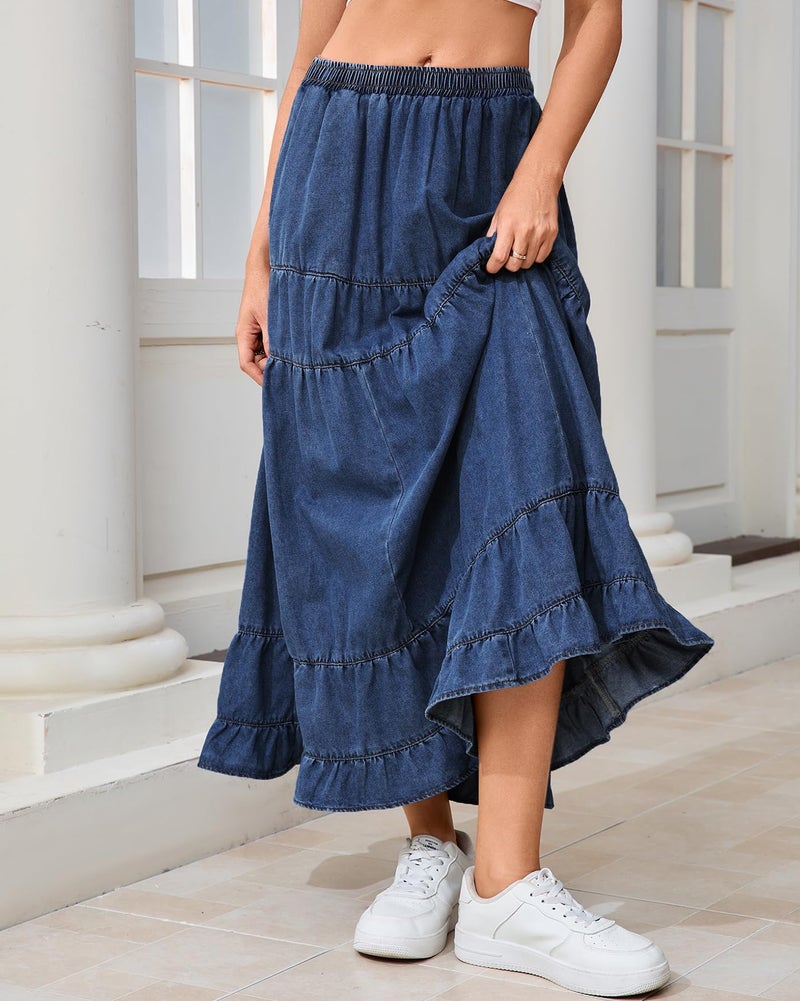 YEXPINE Women's Swing Chambray Maxi Skirt Elastic Waist Pleated Tiered Flowy Long Skirts Retro Denim Skirt - Image 5
