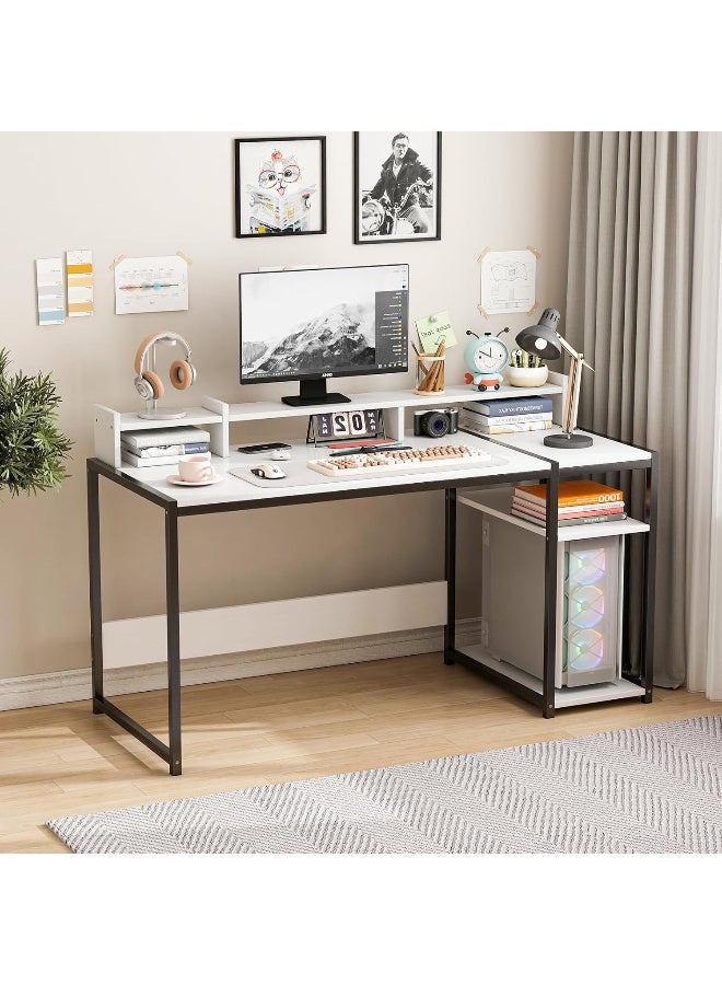 ZUIHAO  Computer desk Large Gaming Table with Storage Shelves Computer Desk with Monitor Stand, Ergonomic Sturdy Writing Desk Writing Workstation 138 X85 X50cm (White)