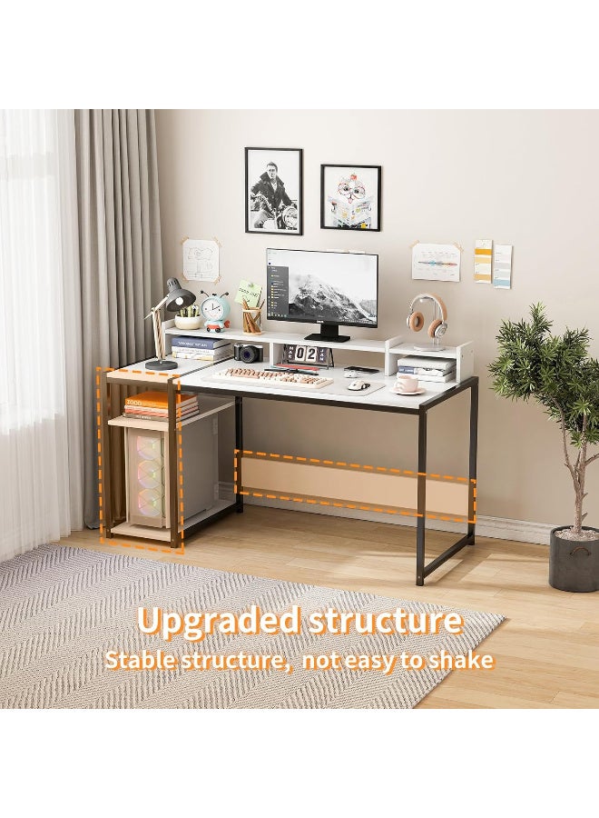 ZUIHAO  Computer desk Large Gaming Table with Storage Shelves Computer Desk with Monitor Stand, Ergonomic Sturdy Writing Desk Writing Workstation 138 X85 X50cm (White)