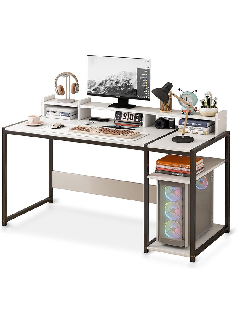 ZUIHAO  Computer desk Large Gaming Table with Storage Shelves Computer Desk with Monitor Stand, Ergonomic Sturdy Writing Desk Writing Workstation 138 X85 X50cm (White)