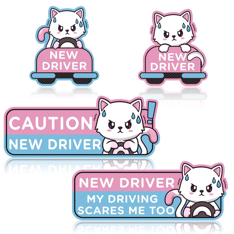 W1cwey Cute Cartoon Student Driver Car Magnet Cute New Driver Sign for Car Cartoon Reflective Student Driver Car Magnet Sticker Gift for Teen Girls Reusable Car Bumper Safety Sign (Cat)