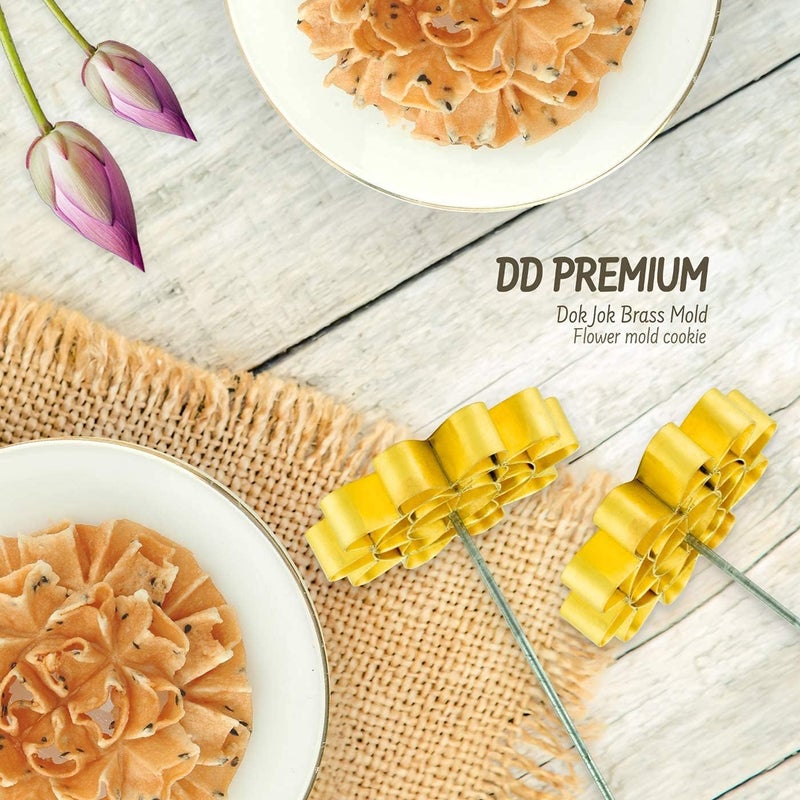 DDPremium Dok Jok Brass Mold Thai Dessert Maker - Medium Rosette Lotus Flower Cookie Mold with Handle (3.14 Inch Diameter) - Image 4