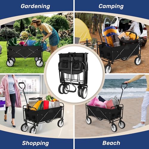 YSSOA Folding Garden Cart PRO, Collapsible Wagon with 360 Degree Swivel Wheels & Adjustable Handle, Black, 220lbs Weight Capacity - Image 2