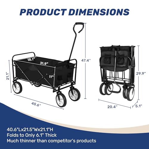 YSSOA Folding Garden Cart PRO, Collapsible Wagon with 360 Degree Swivel Wheels & Adjustable Handle, Black, 220lbs Weight Capacity - Image 5