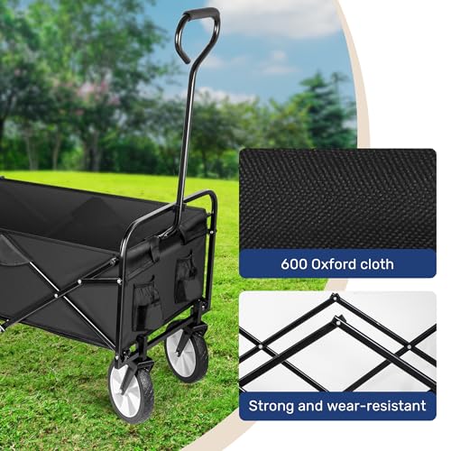 YSSOA Folding Garden Cart PRO, Collapsible Wagon with 360 Degree Swivel Wheels & Adjustable Handle, Black, 220lbs Weight Capacity - Image 3