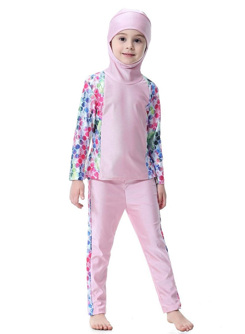 Loquat Girl's 2-Piece Conservative Hooded Swimwear Set Long Sleeve Burkini Swimsuit Set Pink Printed 