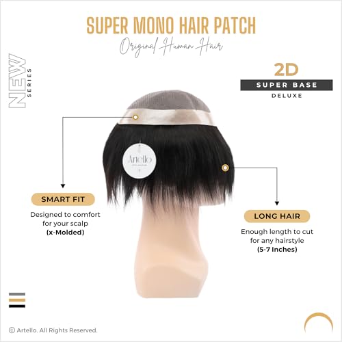 Artello® SUPER MONO Smart Hair Patch for Men, Fine Hair Wig in 100% Natural Human Hair, Easy Fit with Tape, Glue or Clips, 2D Super Base (Colour: Naturally Black) (9x7) - Image 2