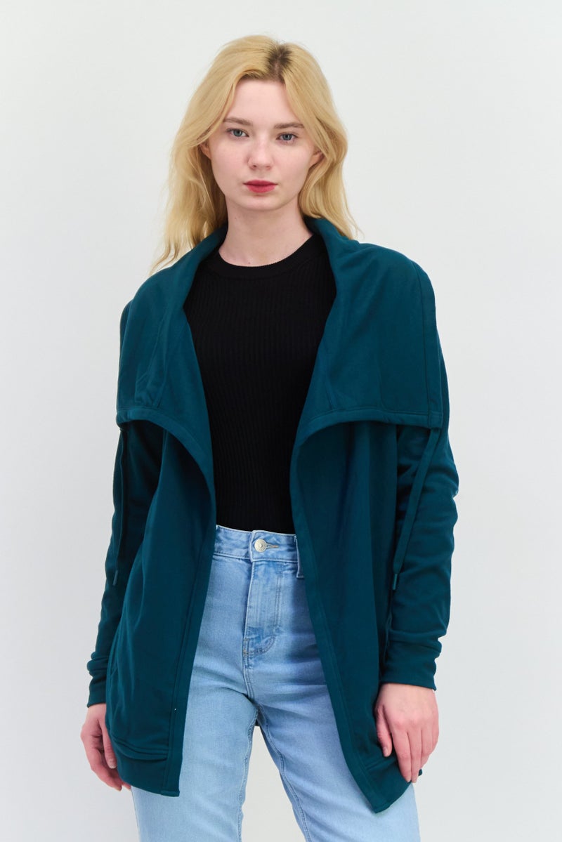 Bearpaw Women Tie Neck Fleece Cardigan, Green - Image 1