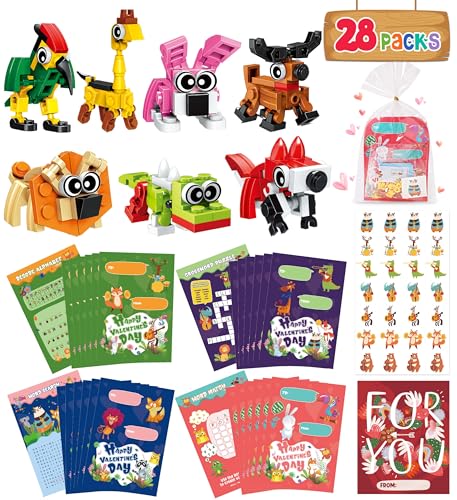 Colplay Valentines Day Gifts for Kids Classroom28 Pack Animal Building Blocks with Kids Valentines Day Cards for School Stickers Class Valentines Gifts Boxes for Boys Girls Party Favors Exchange - Image 1