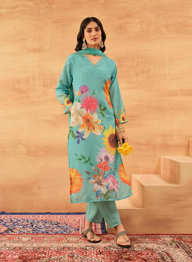 ISHIN Women's Sky Blue Chinon Printed Tunic Top With Ankle Palazzo Straight 3 Peice Kurta Set
