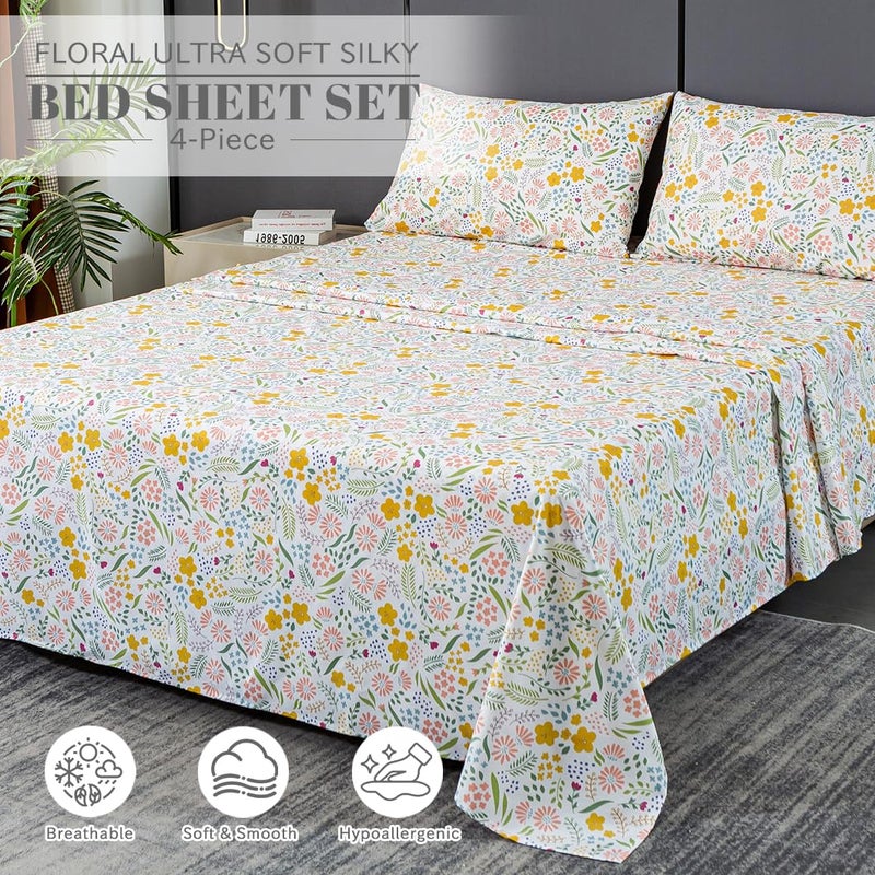 Bedlifes Full Sheet Set Ultra Soft, Breathable, Silky Flower Deep Pocket 100% Microfiber Bedding, 4 Piece Full Size Floral - Image 2