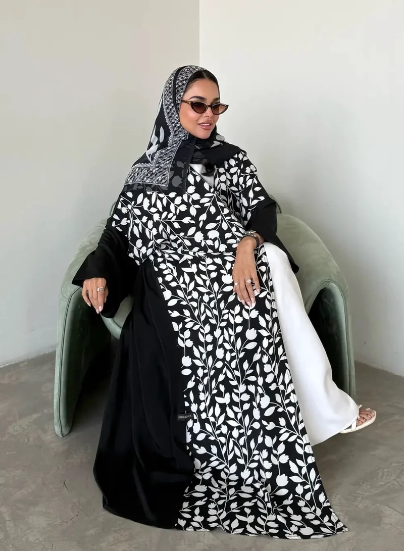 Lusin Abaya Black Indian Silk Abaya with White Printed Front & Veil