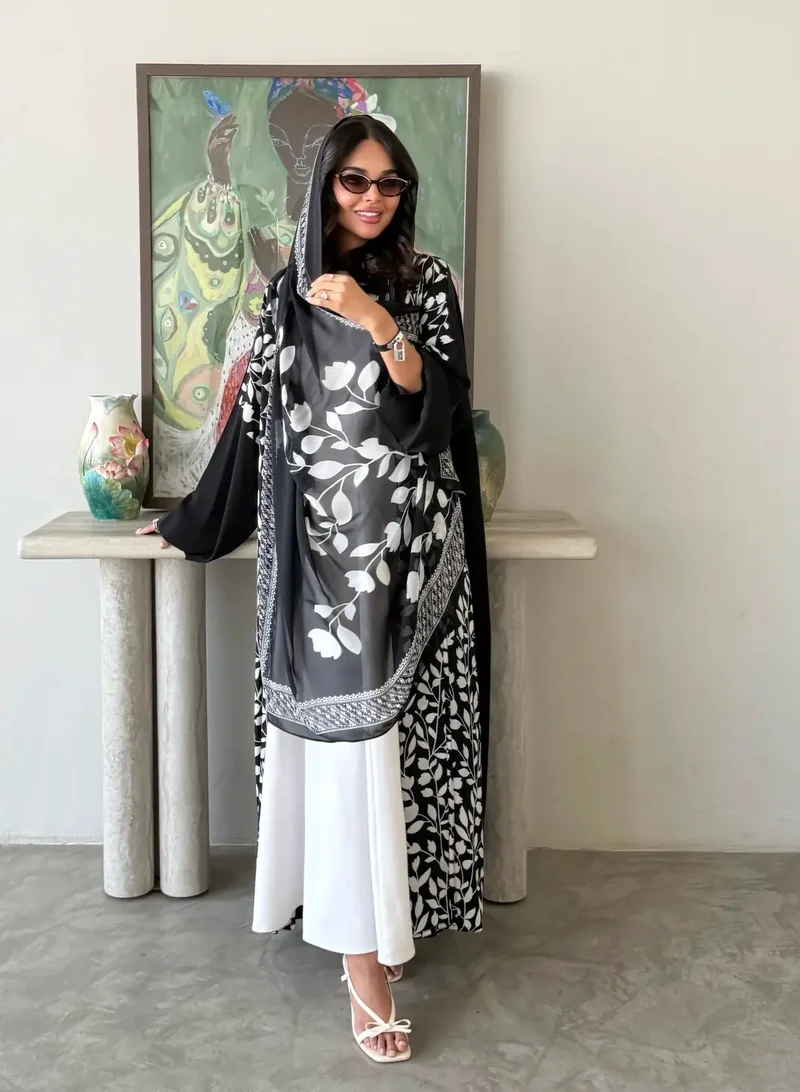 Lusin Abaya Black Indian Silk Abaya with White Printed Front & Veil