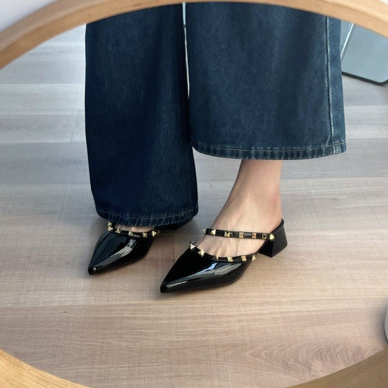 Pointed-Toe Mules With Studded Heels, Summer Wear, Semi-Thick High Heels For Women, 2025 Vacation, 2025 Niche Style Sandals - Image 5