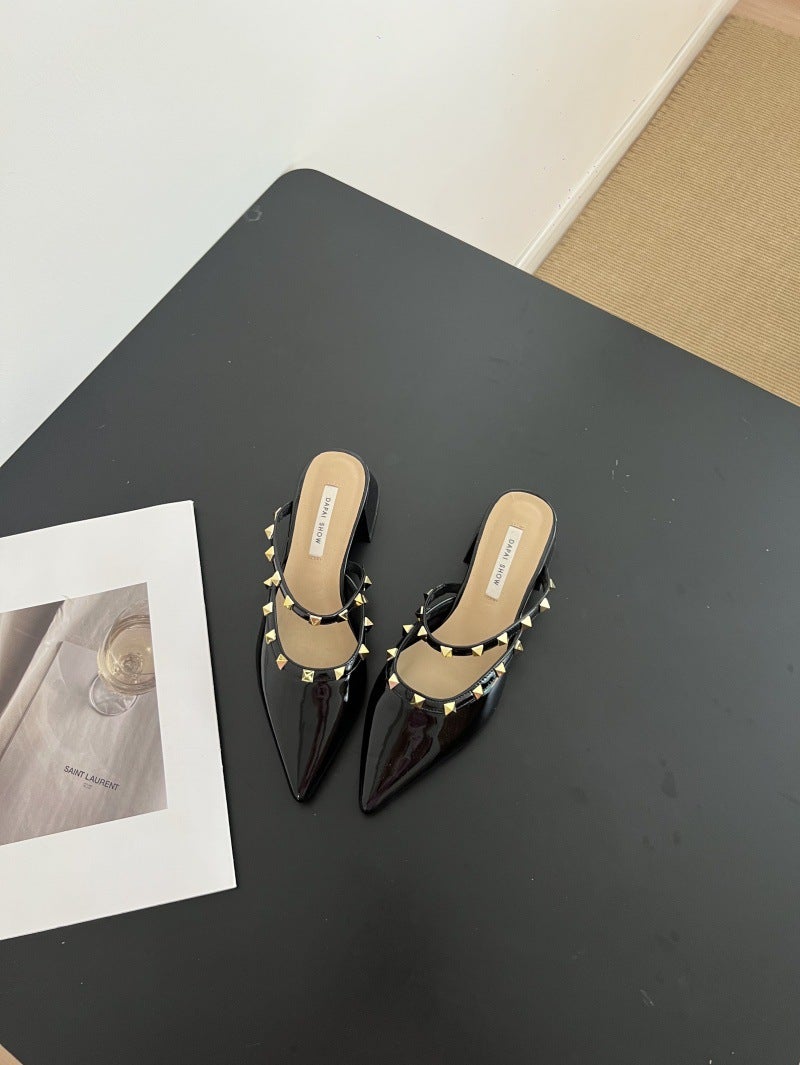 Pointed-Toe Mules With Studded Heels, Summer Wear, Semi-Thick High Heels For Women, 2025 Vacation, 2025 Niche Style Sandals - Image 1