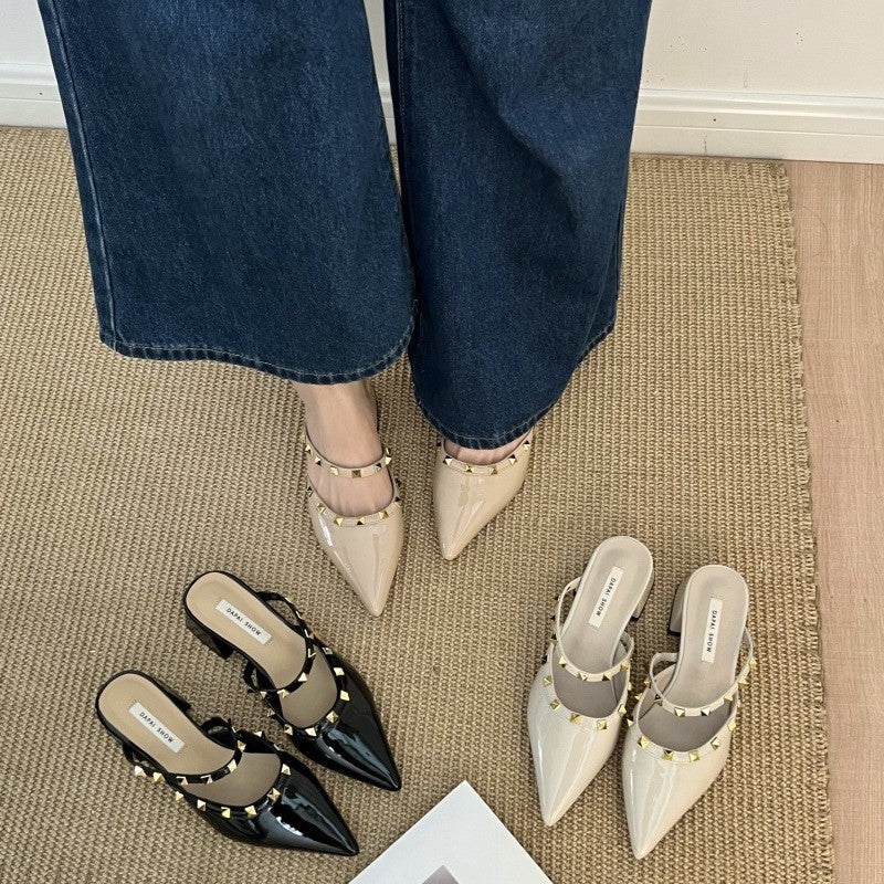Pointed-Toe Mules With Studded Heels, Summer Wear, Semi-Thick High Heels For Women, 2025 Vacation, 2025 Niche Style Sandals - Image 2
