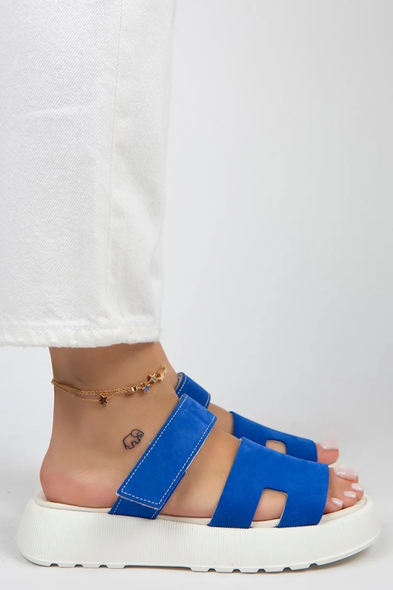Manijero Manijero Seina Women's Genuine Leather Velcro Slippers, Blue Slippers