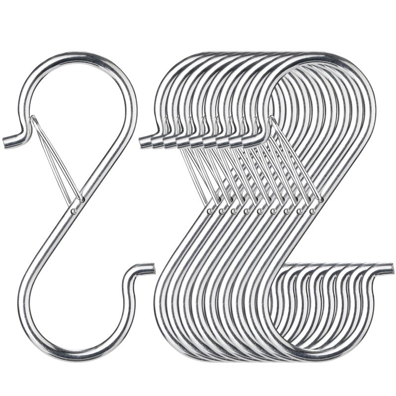 iCafePub 12 PCS S Hooks for Hanging with Safety Buckle Metal S Shaped Hooks Fit for 05 Inch Rod Diamater for Kitchen Utensil Cups Pots Plants Bags Hats Silver