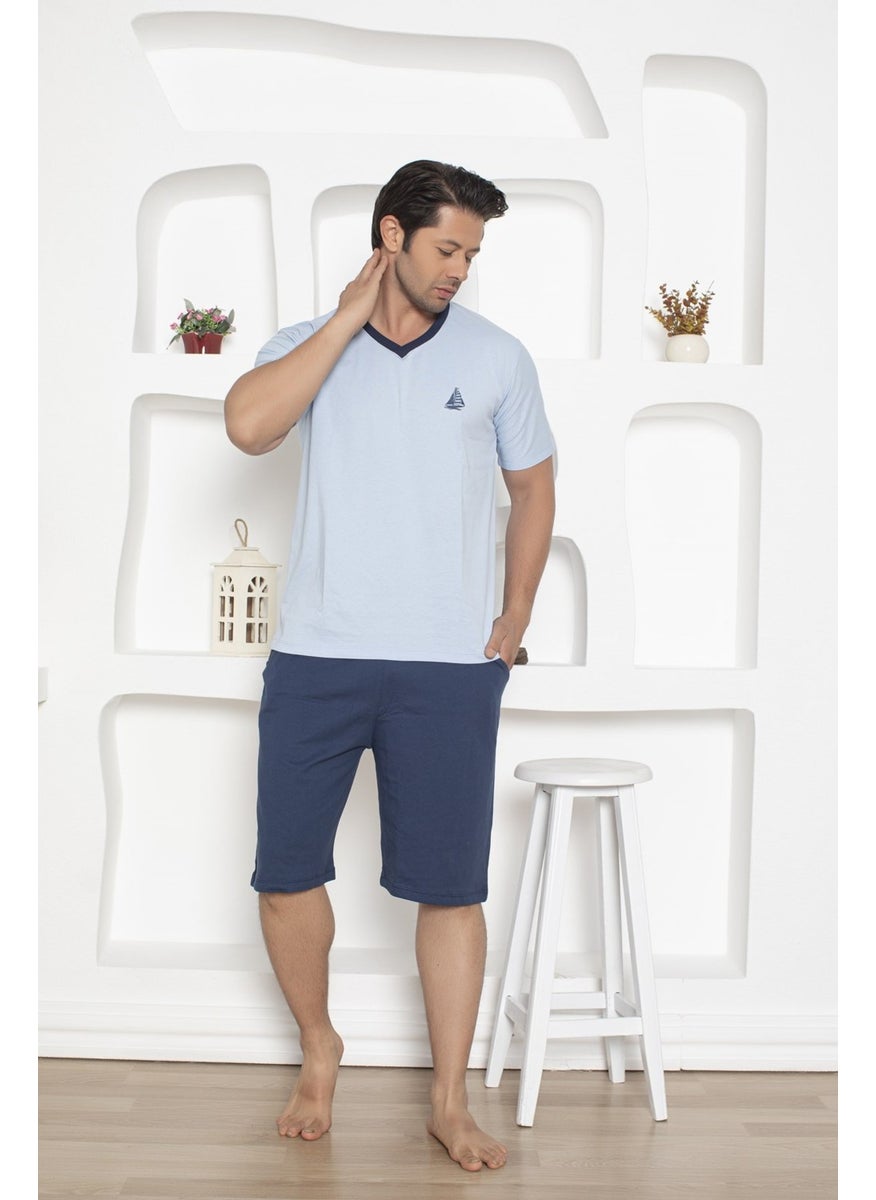 Bie's Men's V-Neck Buttonless 100% Cotton Short Sleeve Pocket Long Shorts Pajama Set  - Image 3