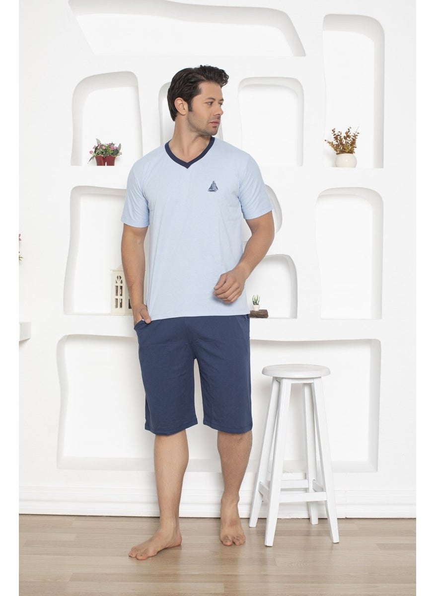 Bie's Men's V-Neck Buttonless 100% Cotton Short Sleeve Pocket Long Shorts Pajama Set  - Image 2