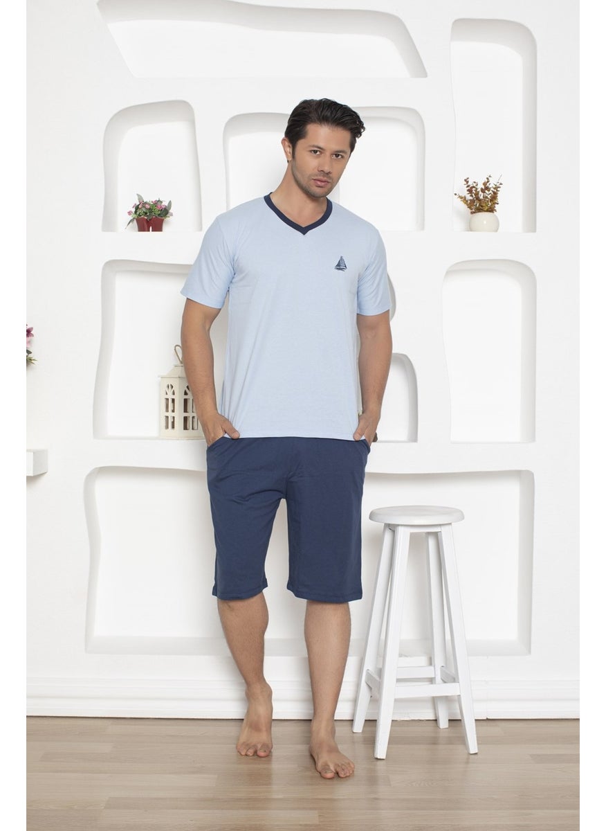 Bie's Men's V-Neck Buttonless 100% Cotton Short Sleeve Pocket Long Shorts Pajama Set  - Image 1