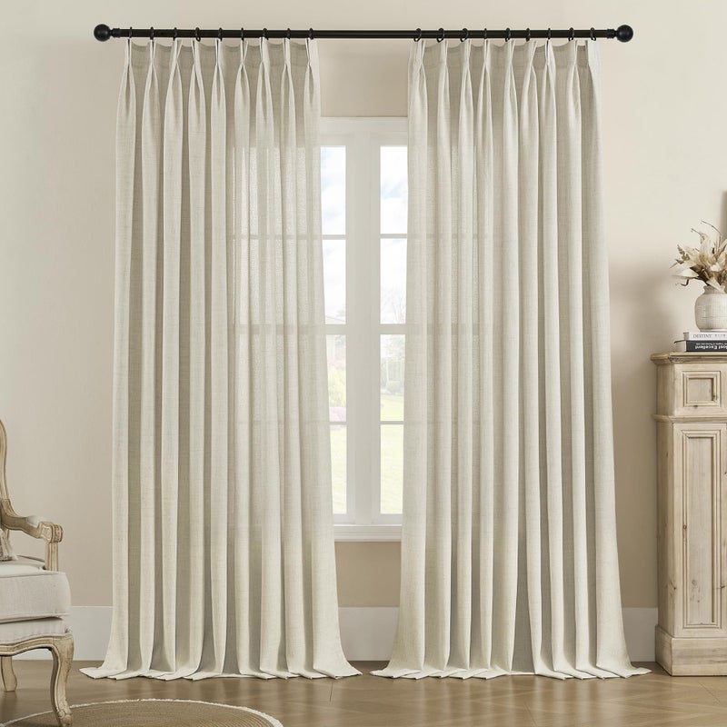 MASWOND Faux Linen Pinch Pleated Curtain for Living Room Extra Long Pinch Pleat Semi Sheer Drapes with Hooks for Traverse Rod Light Filtering Privacy Protection 1 Panel 52 W x 108 L Linen