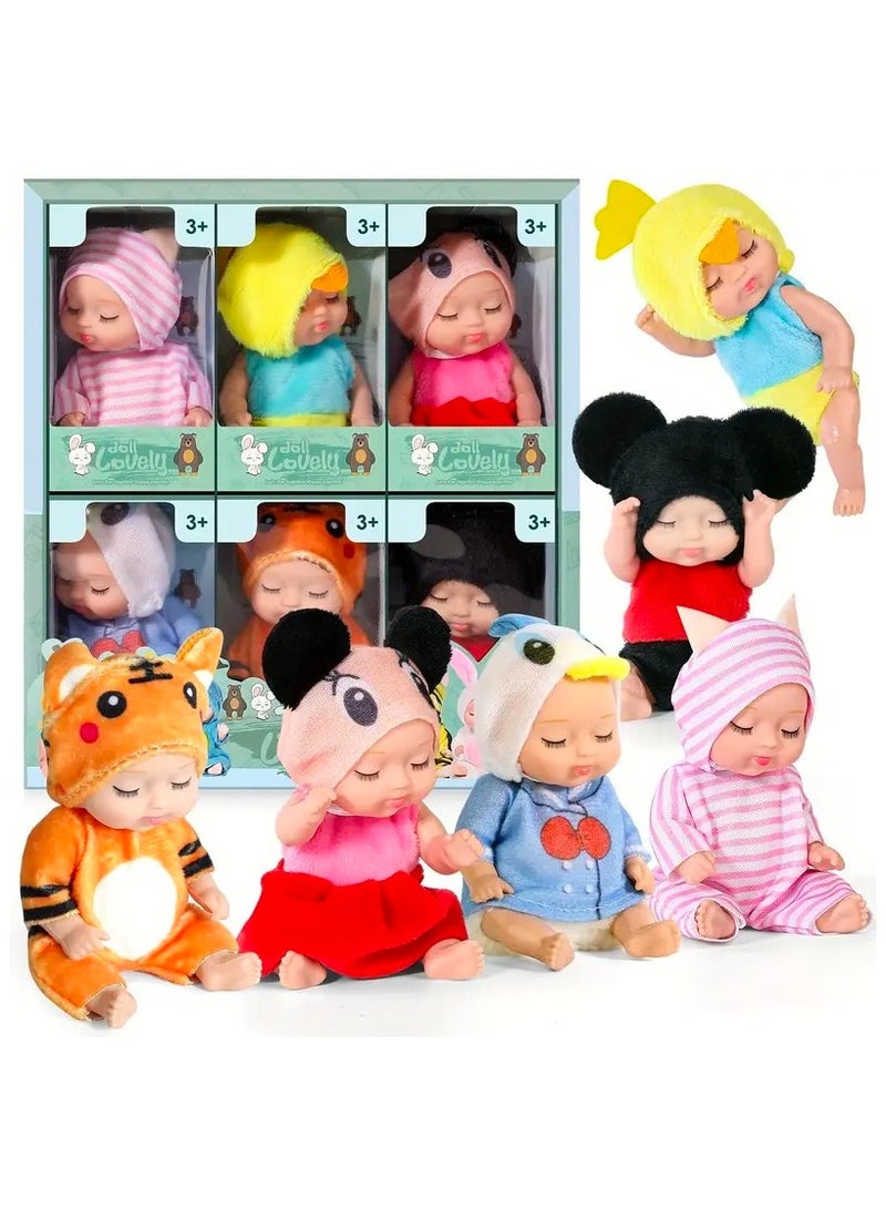 6pcs Mini Baby Dolls Set, 4.3inch Lovely Sleeping Doll Toys With Animal Clothes, Realistic Baby Doll Set for Girls And Boys, Perfect Gift for Kids - Image 1