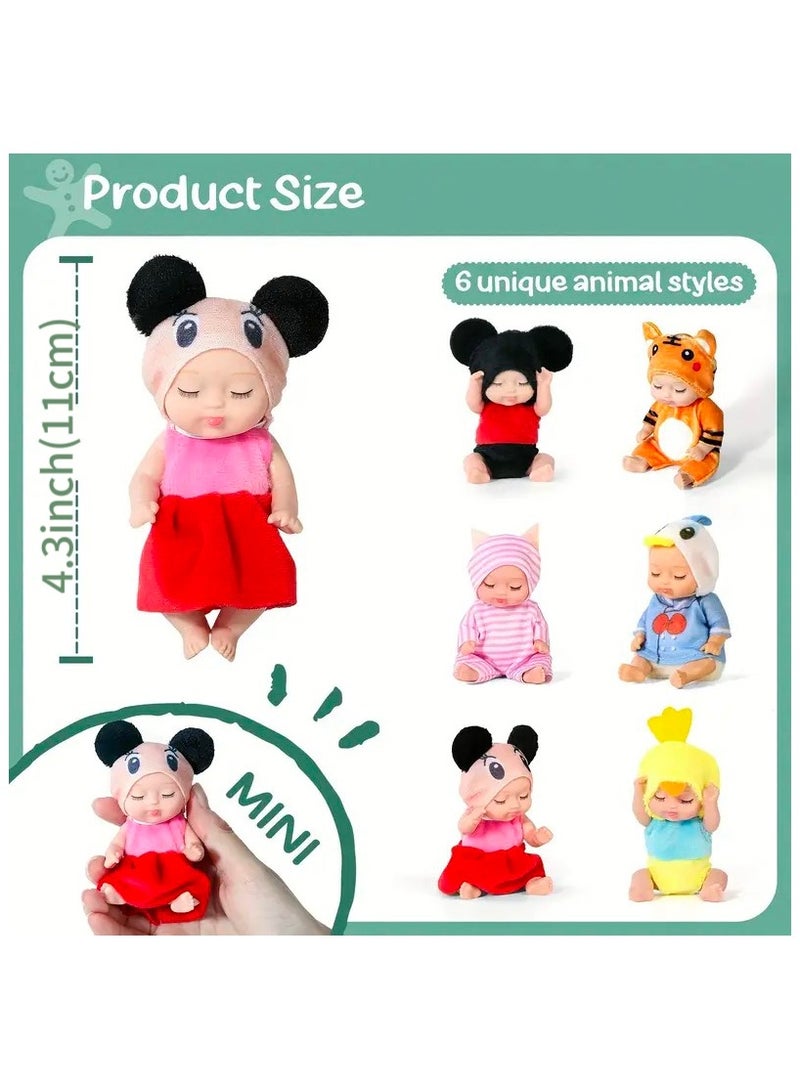 6pcs Mini Baby Dolls Set, 4.3inch Lovely Sleeping Doll Toys With Animal Clothes, Realistic Baby Doll Set for Girls And Boys, Perfect Gift for Kids - Image 2