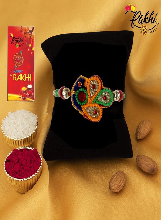 Case Creation Stylish Blue Peacock Rakhi Feather Royal Blue Kundan Rakhi Kundan Meena Peacock Rakhi Raksha Bandhan Gift Band Moli Bracelet Wristbands Designer Rakhi for Brother Bhaiya With giveaways - Image 4