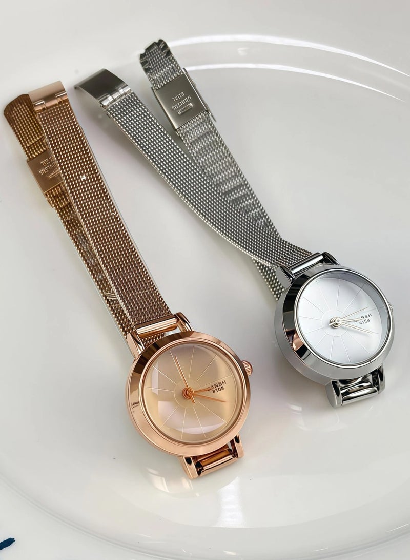 Barsh Women's Rose Gold Watch - Round Mother of Pearl Dial with Braided Metal Strap | Elegant Casual Wristwatch - Image 3