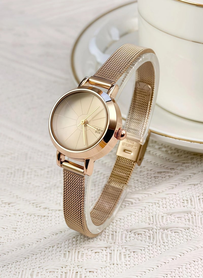 Barsh Women's Rose Gold Watch - Round Mother of Pearl Dial with Braided Metal Strap | Elegant Casual Wristwatch - Image 4