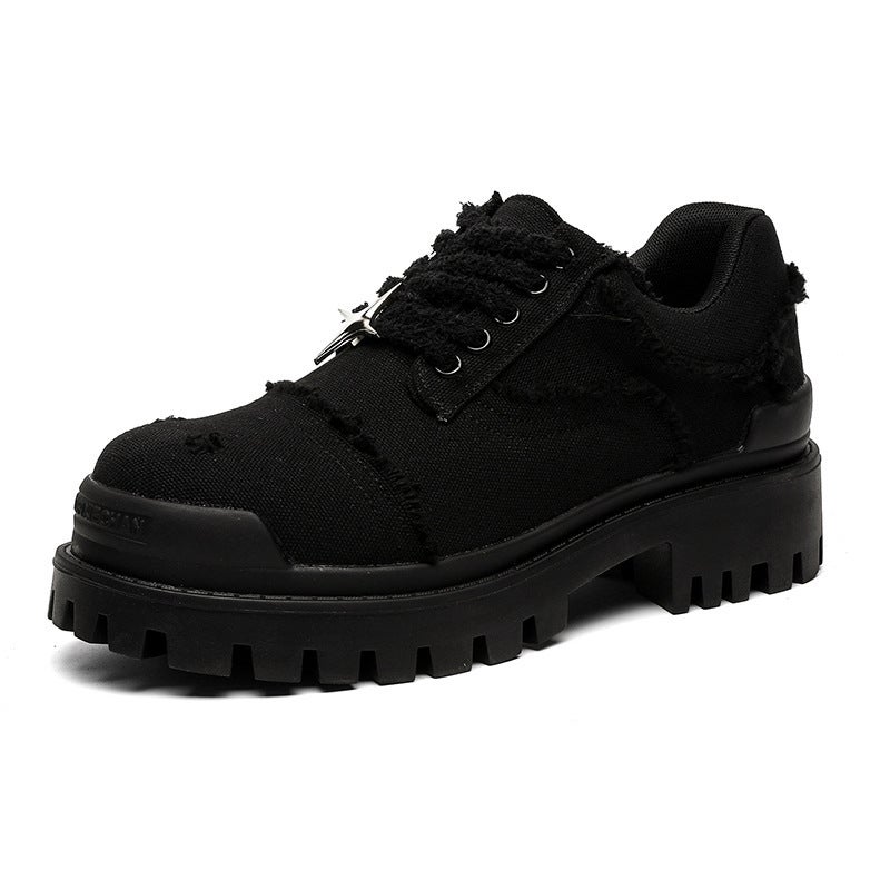 Pure Black All-Match Trendy Round Toe Derby Shoes Destruction Style Casual Shoes Niche Design Thick Sole Increased Old Work Shoes - Image 1