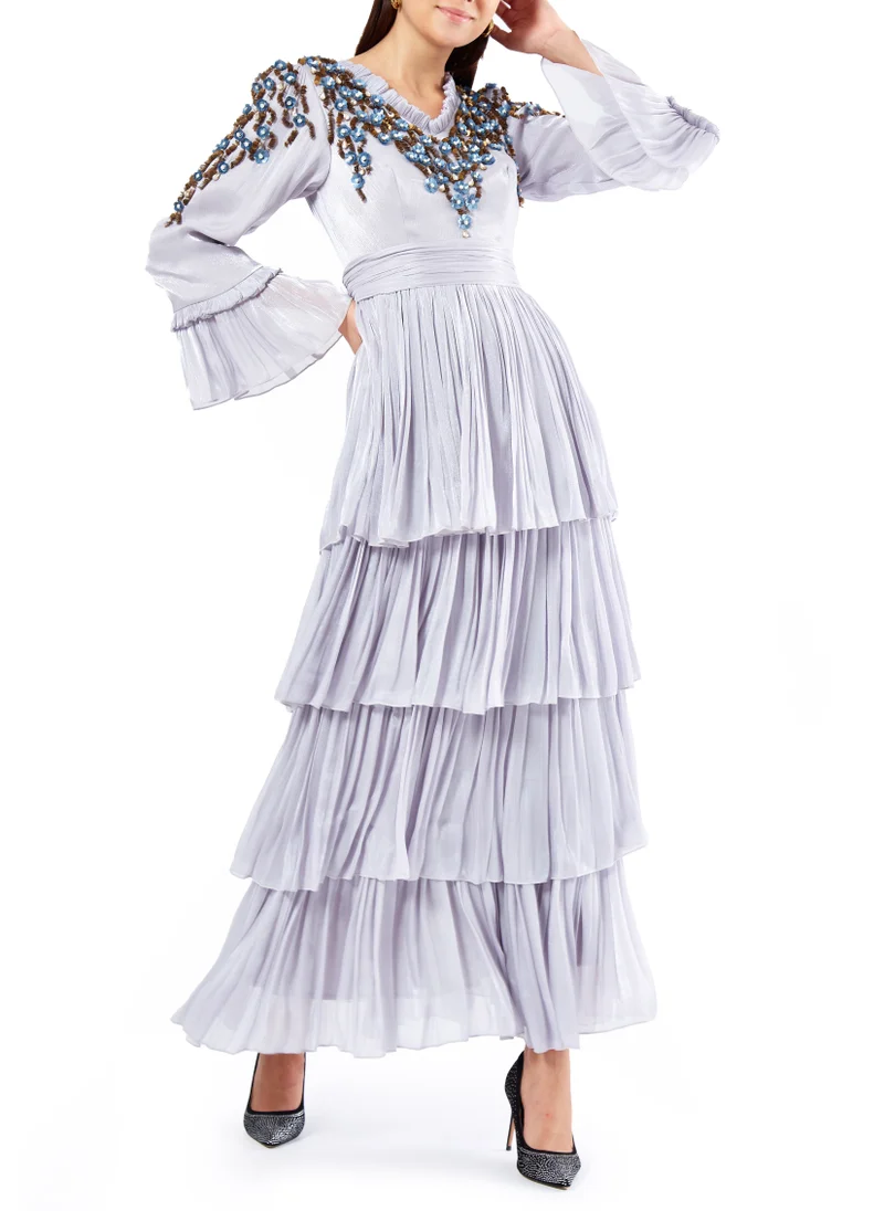 امري Beautiful Layered Embroidered Long Dress With  V-Neckline And Long Frilled Sleeves