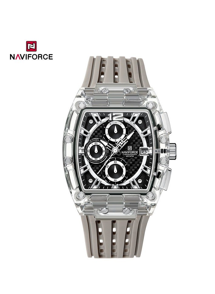 NAVIFORCE Naviforce NF7105 Men's Sports Chronograph Watch – Transparent Case, Waterproof, Silicone Strap, Multifunction Quartz Silver 