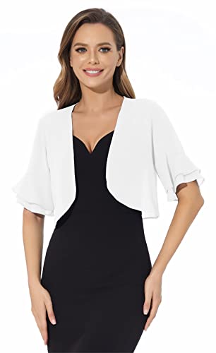 Sepsap Women Shrug Soft Chiffon Open Front Sheer 3/4 Sleeve Bolero Cardigan for Evening Dress(White,M) - Image 2