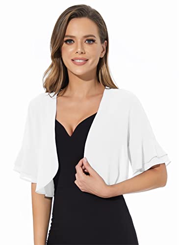 Sepsap Women Shrug Soft Chiffon Open Front Sheer 3/4 Sleeve Bolero Cardigan for Evening Dress(White,M) - Image 1